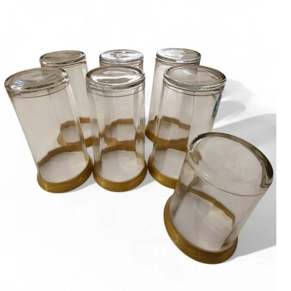 MCM Tiffin? Gold Rimmed Glassware‎ Set 7pc Mid-Century Modern Barware Clear Gold